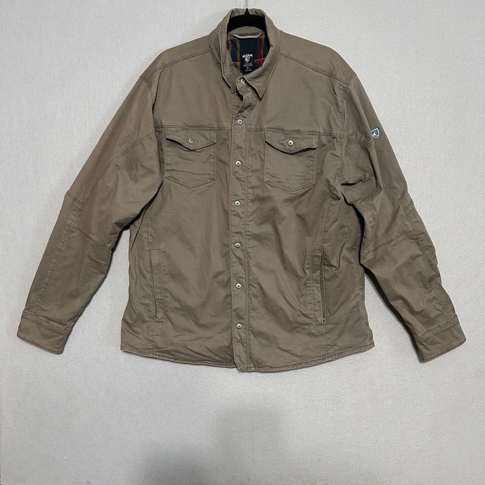Kuhl Flannel Lined Jacket Mens XL Green Brown Plaid Canvas Snap Front Coat